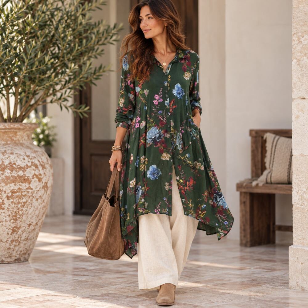ALEMBIKA Satin Floral Tunic Blouse Hunter Green Sz 8/10 Medium $298 {3L14}